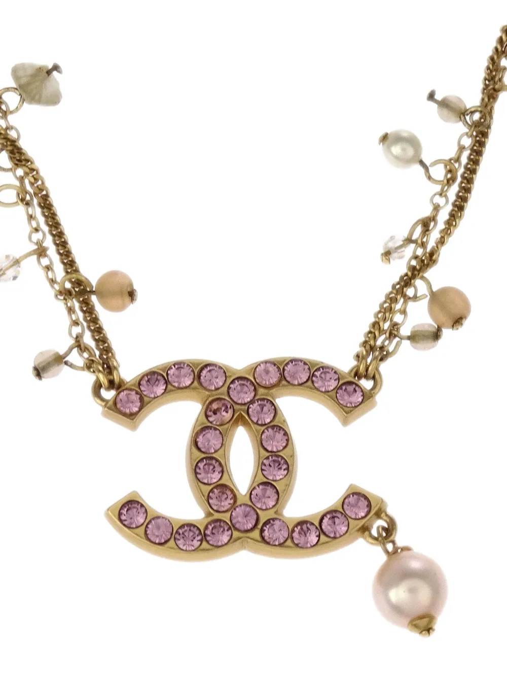 Pre-owned Chanel 2002 Cc Faux-pearl Necklace In Gold