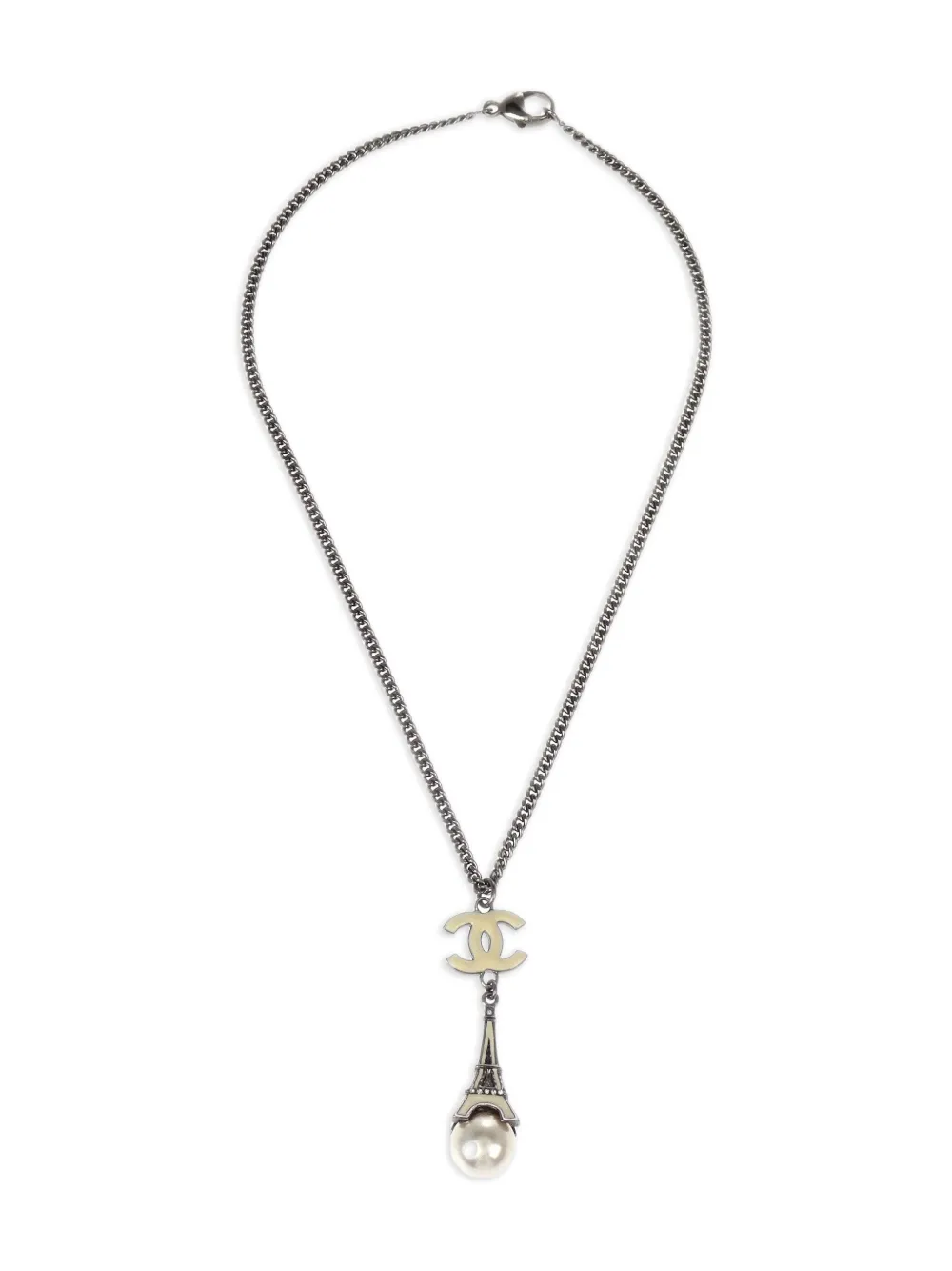 Pre-owned Chanel 2006 Eiffel Tower Faux-pearl Necklace In Silver