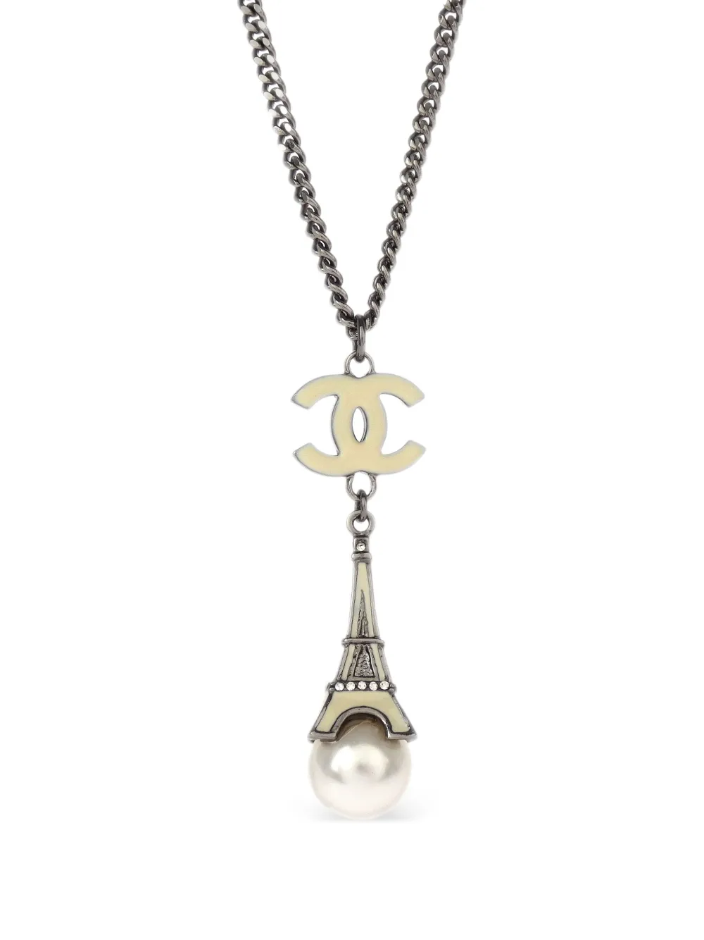 Pre-owned Chanel 2006 Eiffel Tower Faux-pearl Necklace In Silver