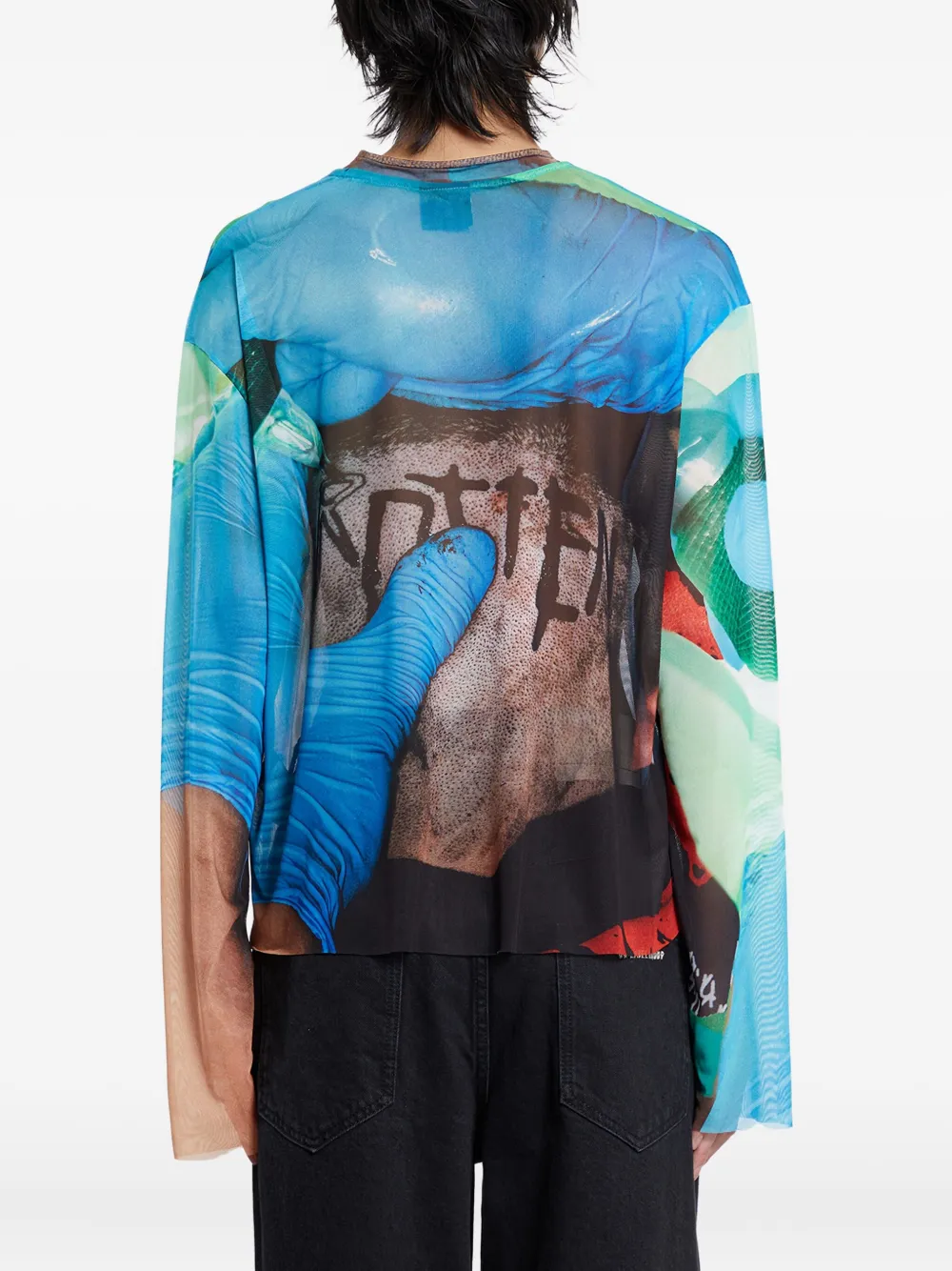44 Label Group Tattoo Long-sleeve Mesh T-shirt In Blue