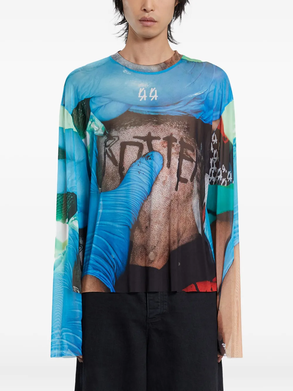 44 Label Group Tattoo Long-sleeve Mesh T-shirt In Blue