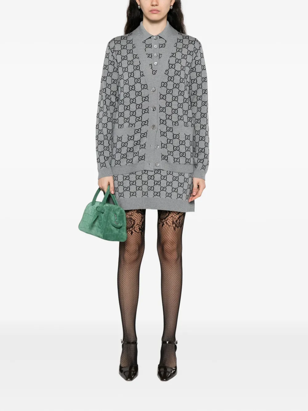 Gucci Wool Jacquard Cardigan With Gg Shadow In Gray