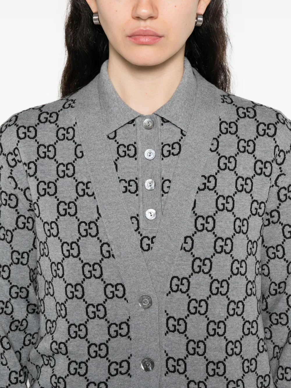 Gucci Wool Jacquard Cardigan With Gg Shadow In Gray