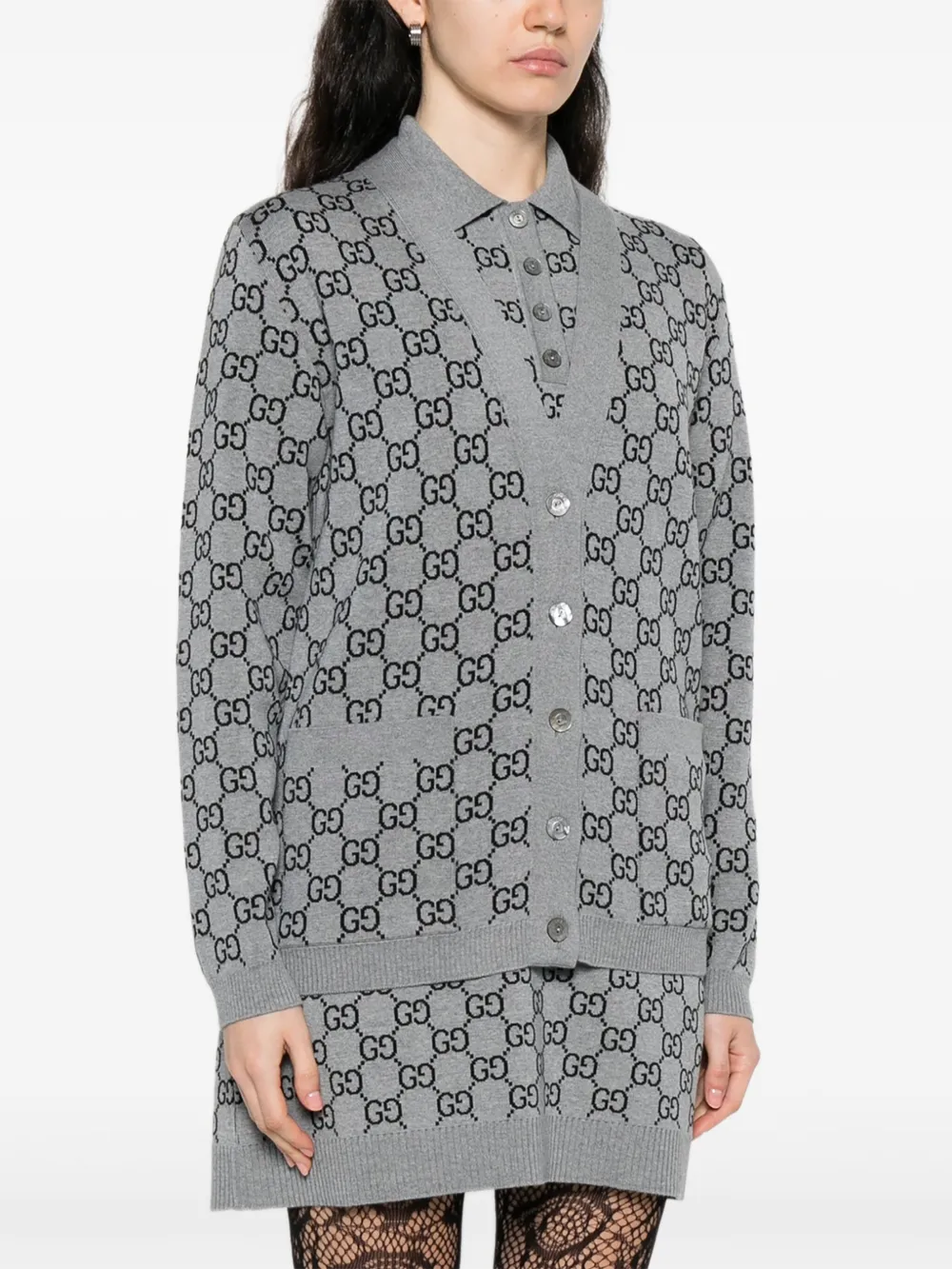 Gucci Wool Jacquard Cardigan With Gg Shadow In Gray