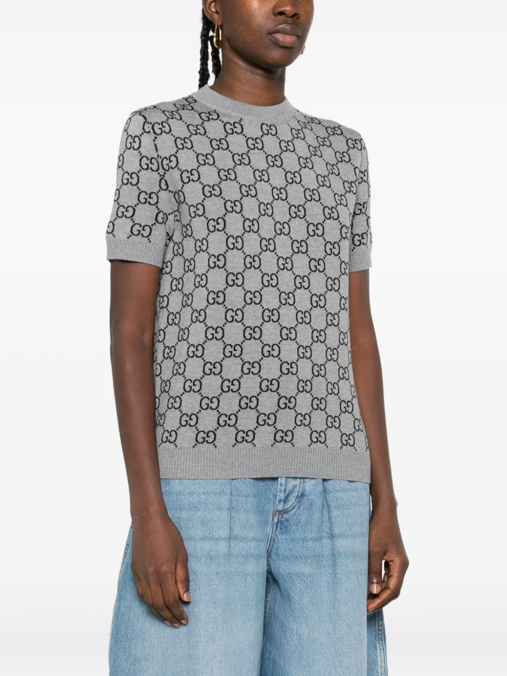 Gucci Women Gg Allover Reverible Short Sleeves Pull In Gray