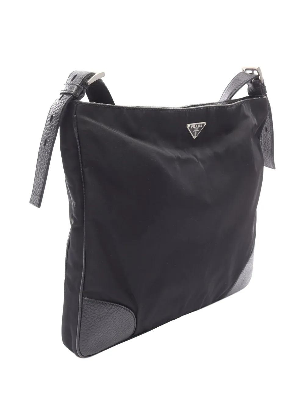 Pre-owned Prada 2013-2025 Vitello Daino Trimmed Tessuto Zip Top Crossbody Bag In Black