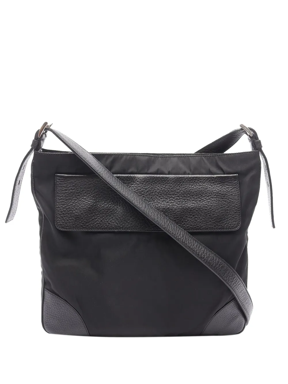 Pre-owned Prada 2013-2025 Vitello Daino Trimmed Tessuto Zip Top Crossbody Bag In Black