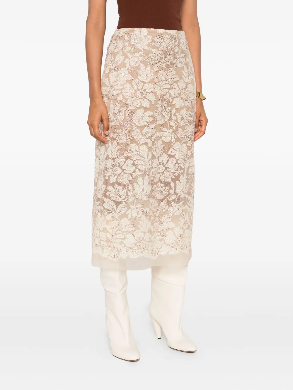 Ermanno Scervino Midi-rok met bloemenprint en pailletten Beige
