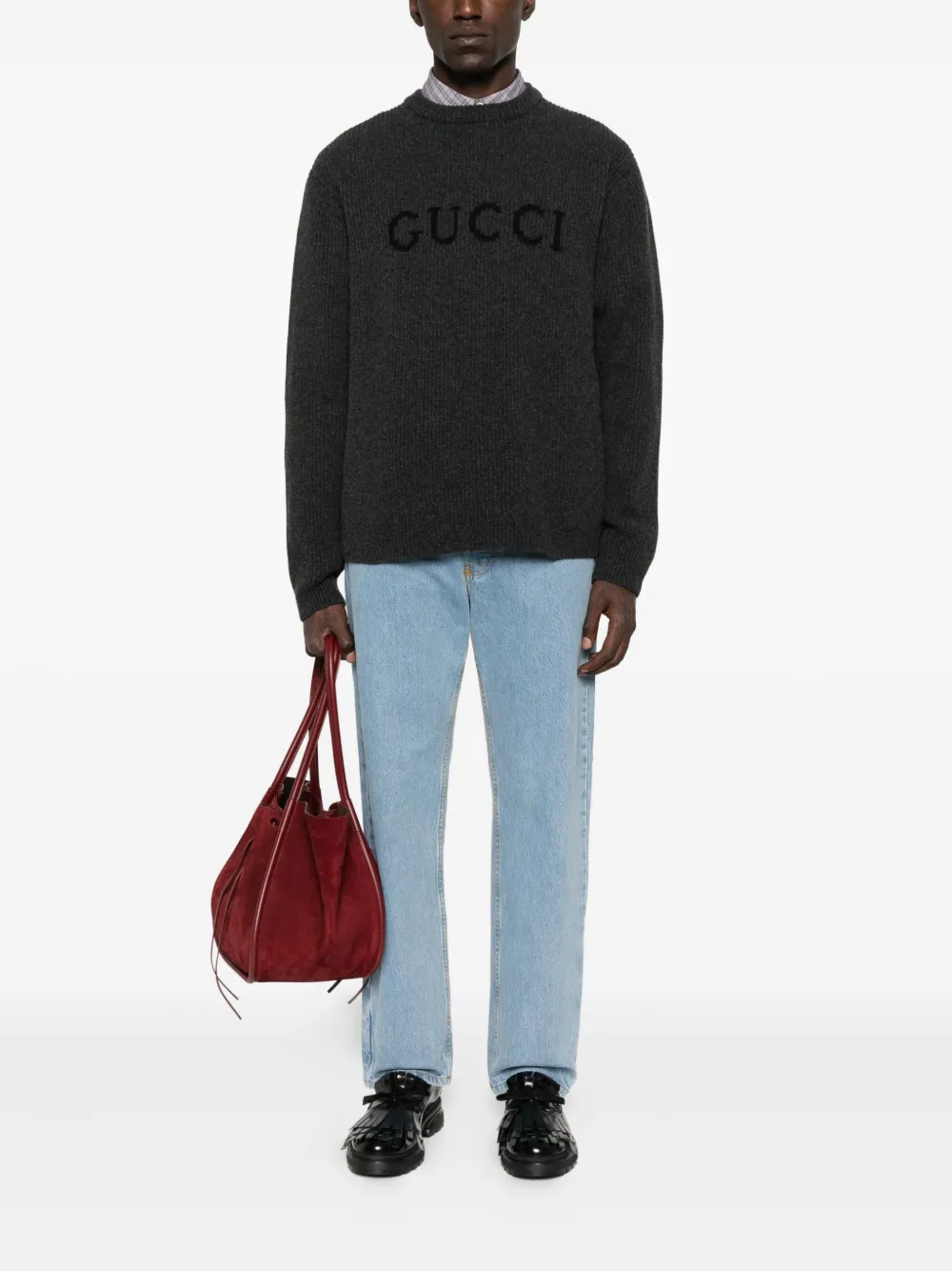 Gucci Logo-detail Ribbed Sweater In Gray