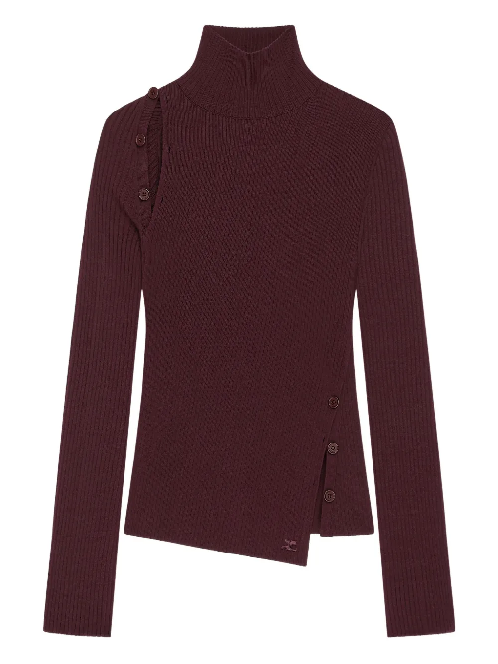 Courrèges Buttoned Ribbed Turtleneck Sweater In Brown