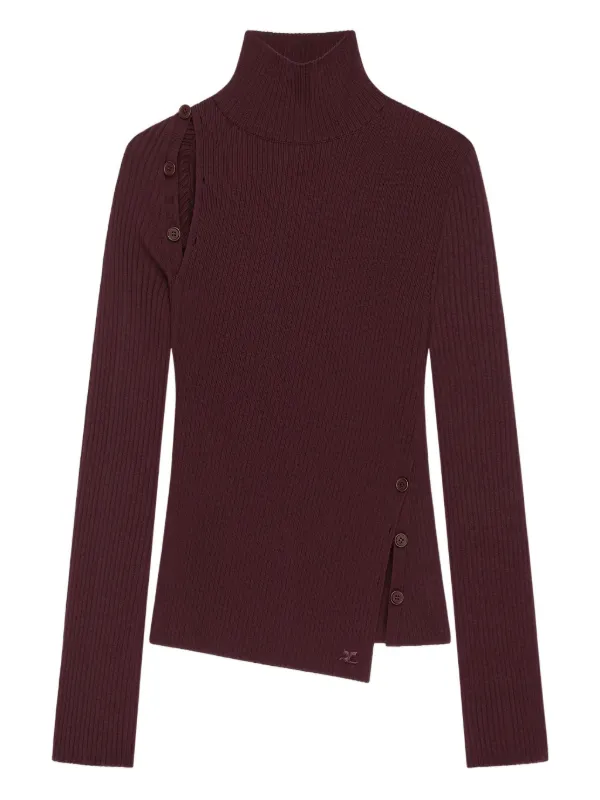 Courrèges Buttoned Ribbed Turtleneck Sweater in Red