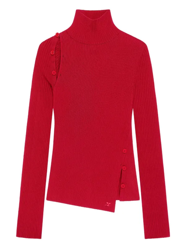 Courrèges Button-embellished Ribbed Turtleneck Sweater in Red