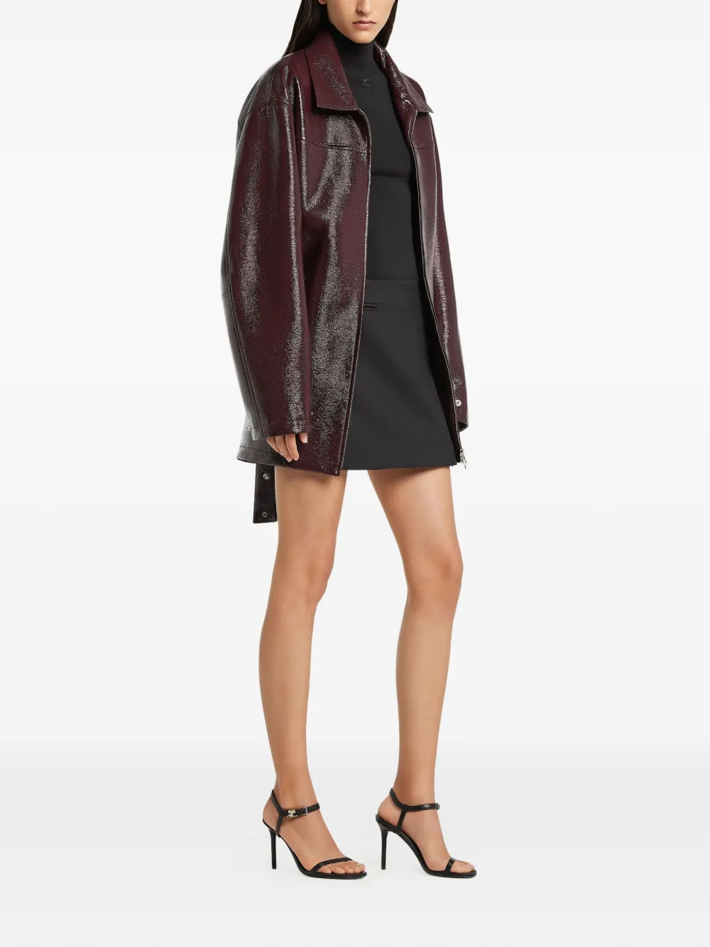 Courrèges Shiny Bomber Jacket Belted Waist In Burgundy
