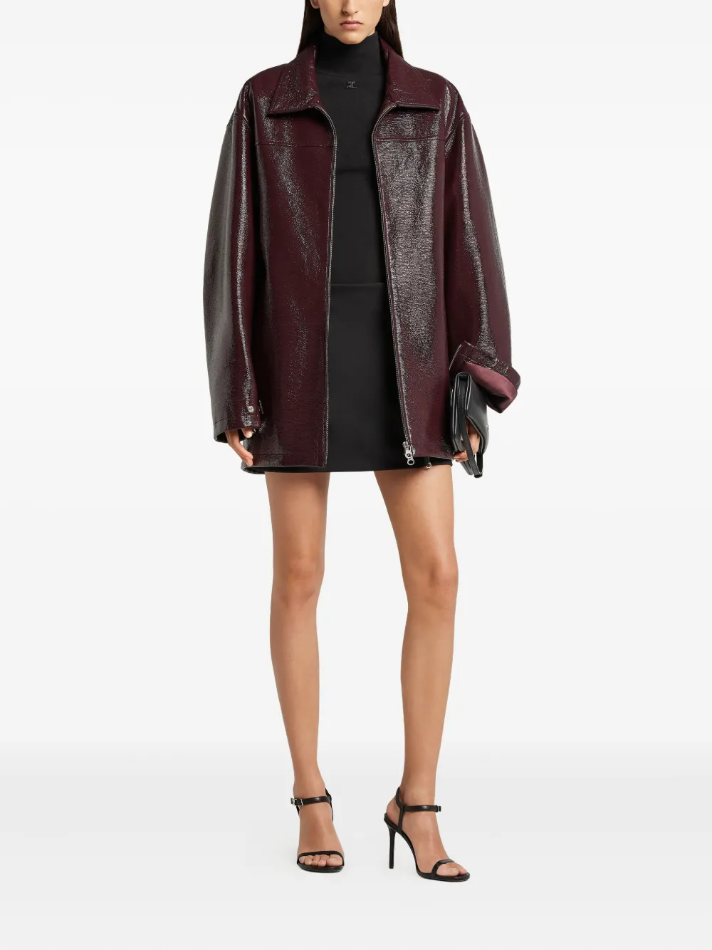 Courrèges Shiny Bomber Jacket Belted Waist In Burgundy