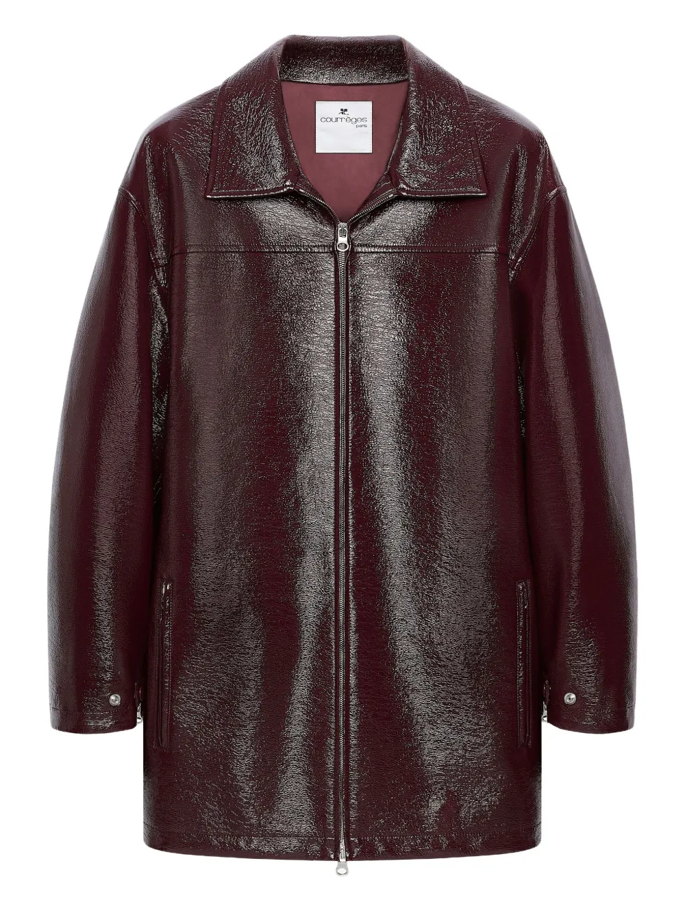 Courrèges Shiny Bomber Jacket Belted Waist In Burgundy