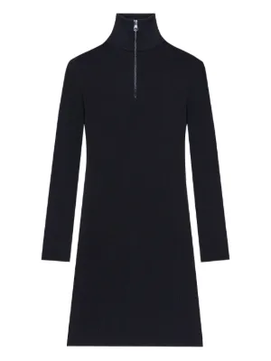 long sleeve black dress with zipper in front Black Midi Dress - Ribbed Knit Dress - Zip-Front Midi Dress