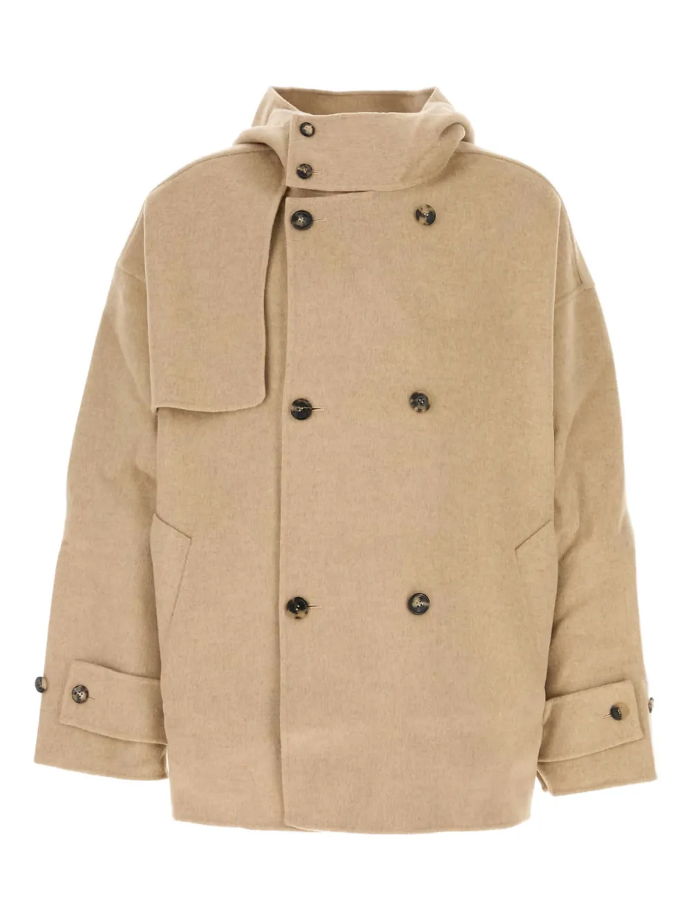 JW Anderson Wollen jas met dubbele rij knopen en capuchon Beige