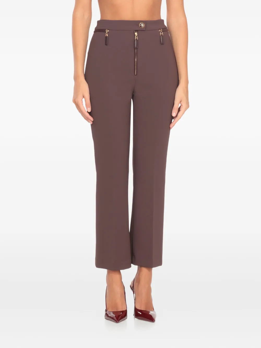 Elisabetta Franchi Straight-leg Crepe Pants With Gold-zip Detailing In Brown