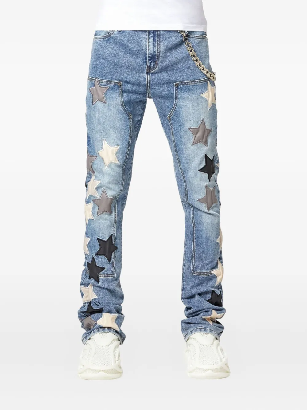 GUAPI star-patches chain-link denim jeans - Blauw