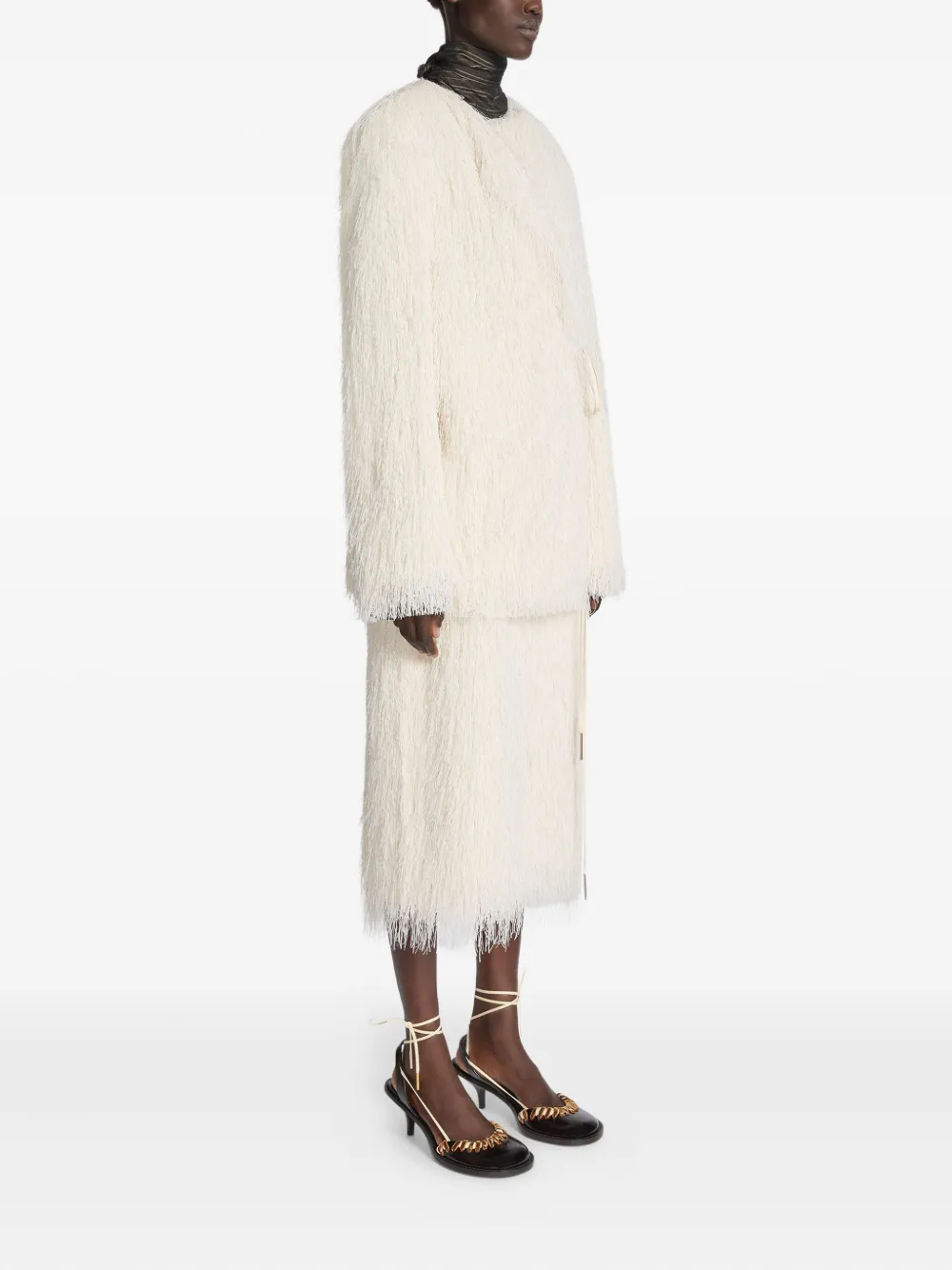 Dries Van Noten Fringed Coat With Knotted Belt And Tie In White