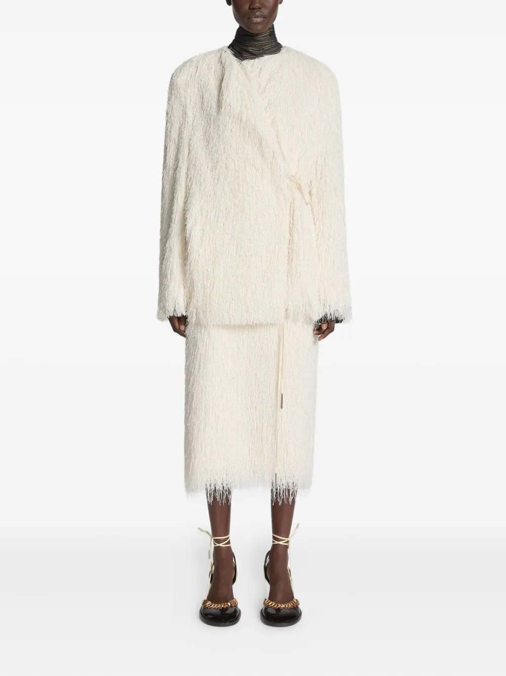 Dries Van Noten Fringed Coat With Knotted Belt And Tie In White