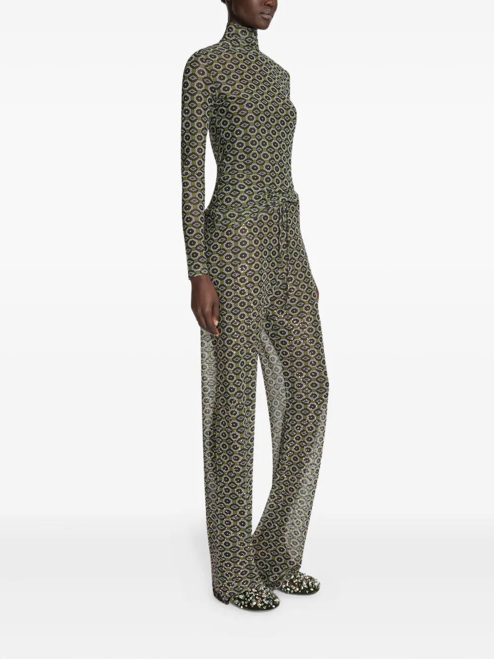 Dries Van Noten Geometric-pattern Turtleneck Tee In Green