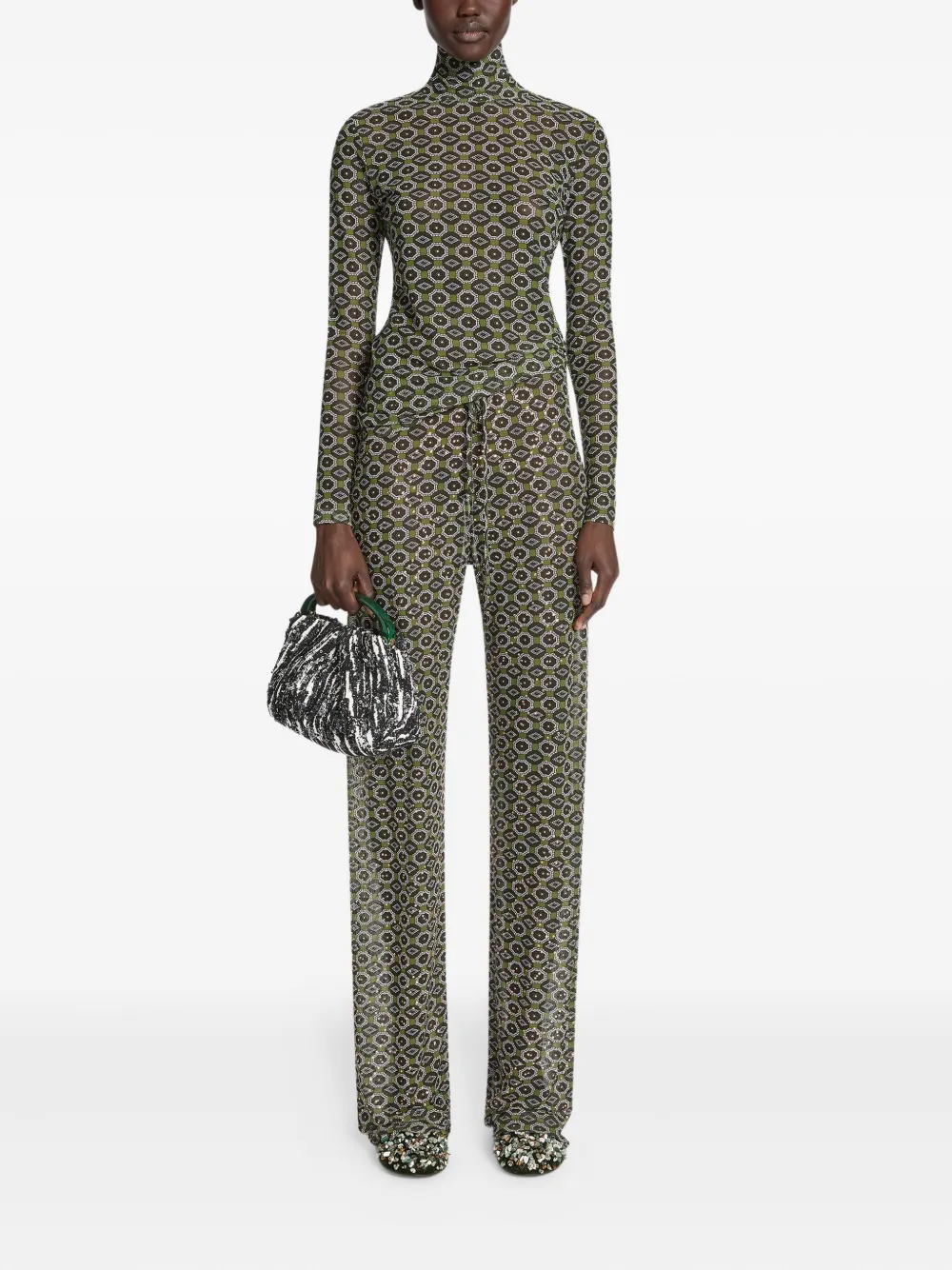 Dries Van Noten Geometric-pattern Turtleneck Tee In Green