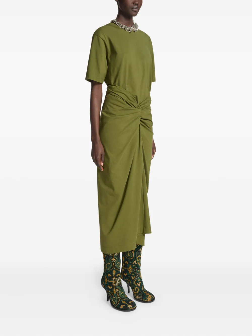 Dries Van Noten Knotted Jersey Midi Skirt In Green