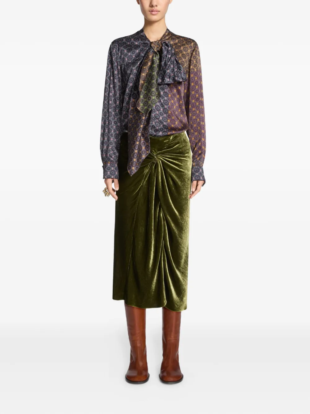 DRIES VAN NOTEN draped velvet midi skirt - Groen