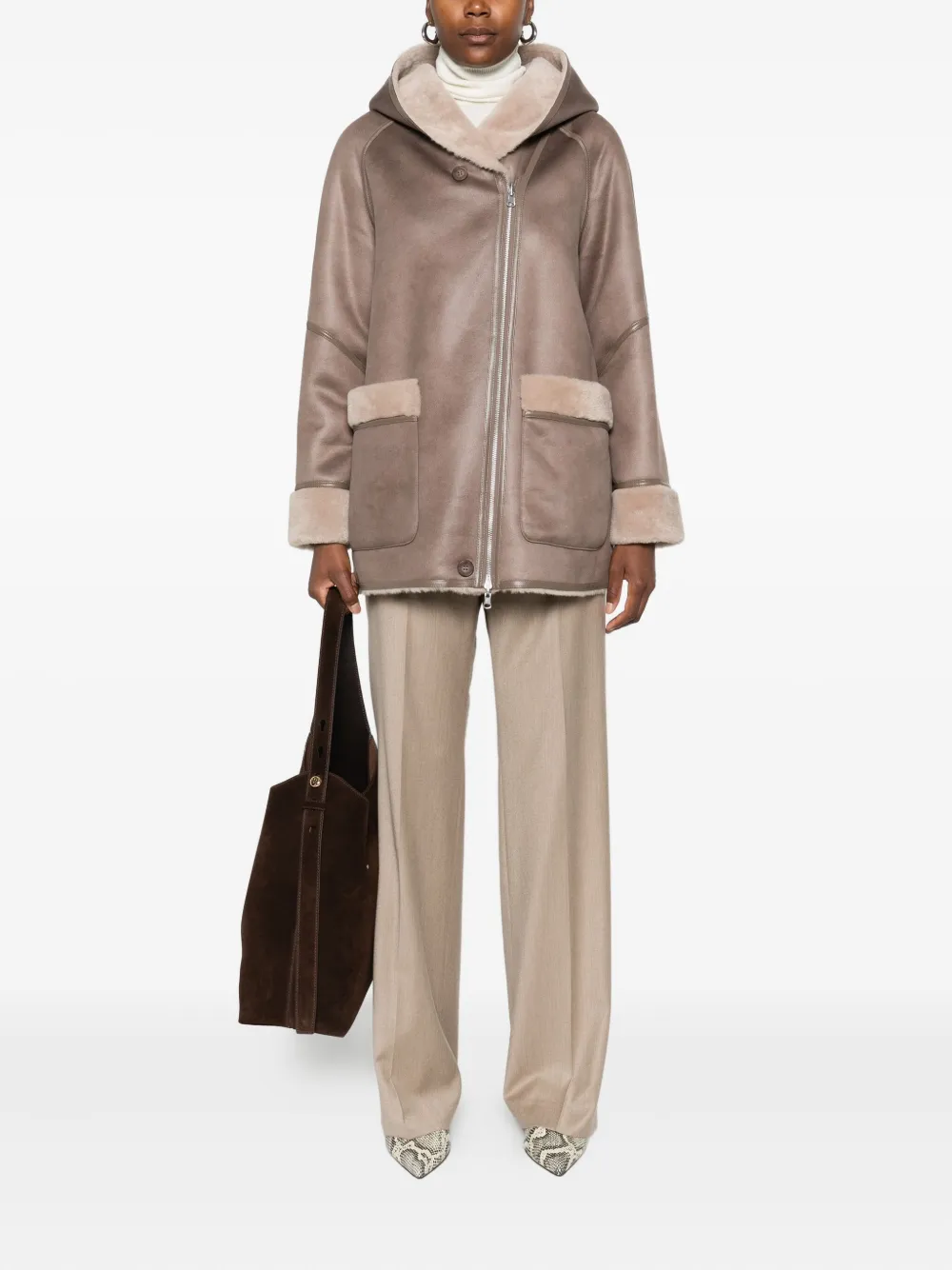 Urbancode Hooded Shearling-trimmed Coat In Brown