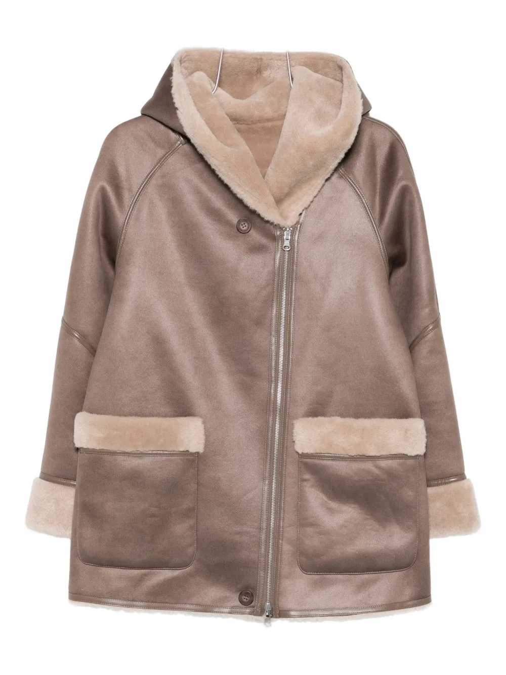 Urbancode Hooded Shearling-trimmed Coat In Brown