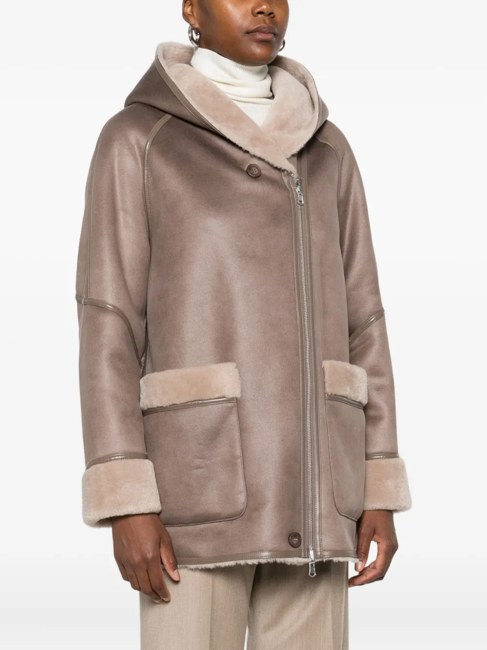 Urbancode Hooded Shearling-trimmed Coat In Brown