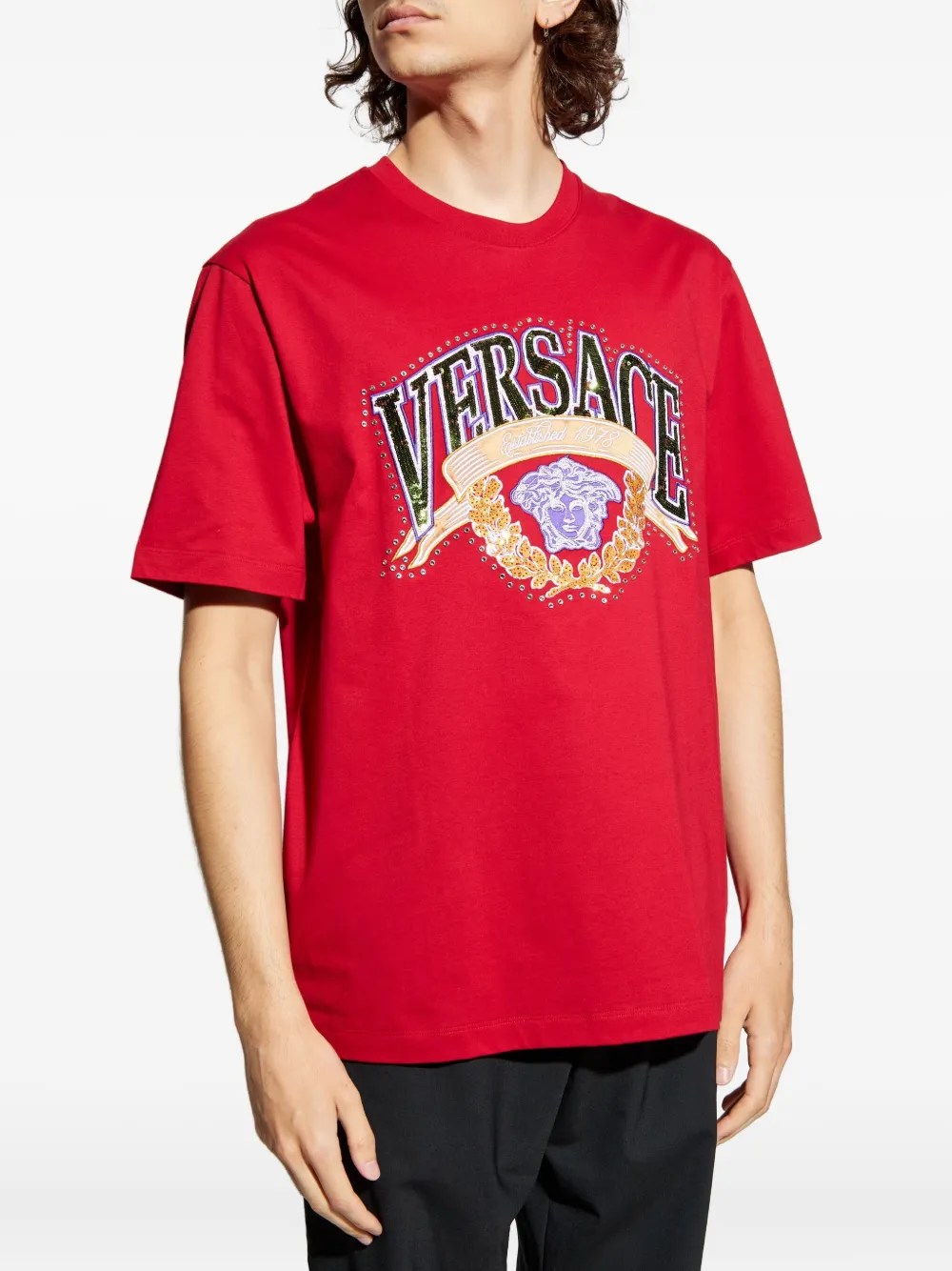 Versace Sequin-embellished Crew-neck T-shirt In Red