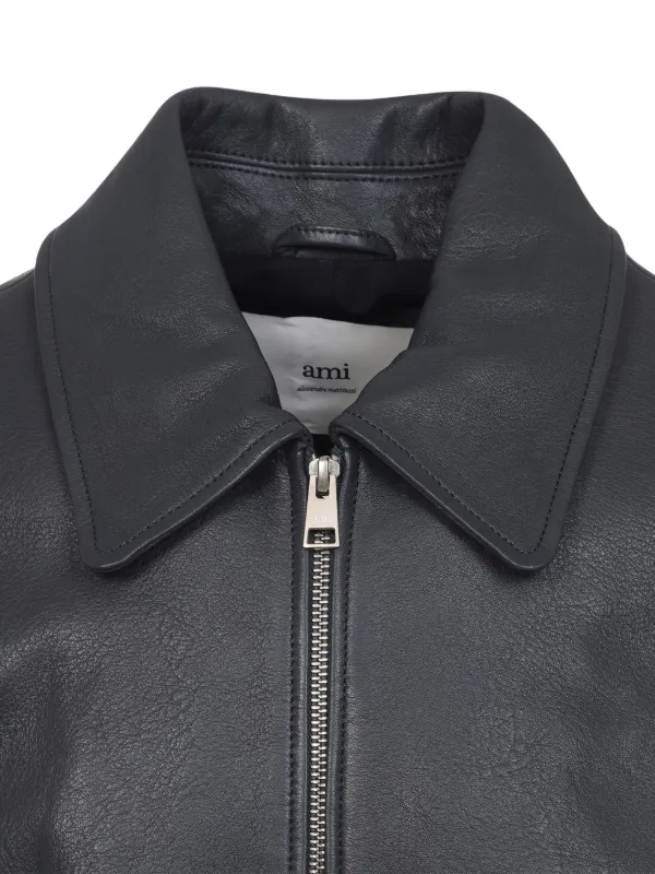 AMI Paris ジップアップ レザージャケット | グレー | FARFETCH JP
