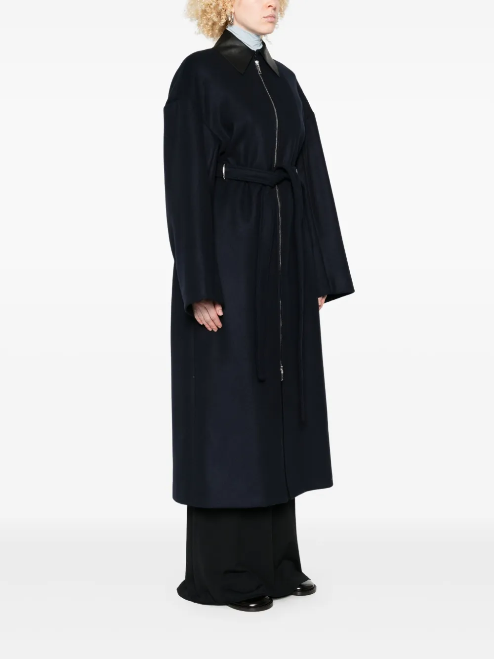 Sportmax Belted Long Coat Featuring Leather Collar In Black