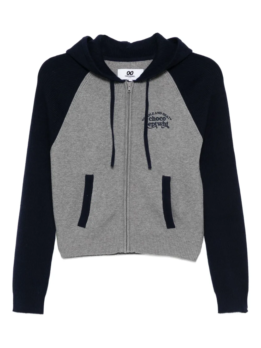 CHOCOOLATE embroidered-slogan hooded cardigan | Grey | Image 1