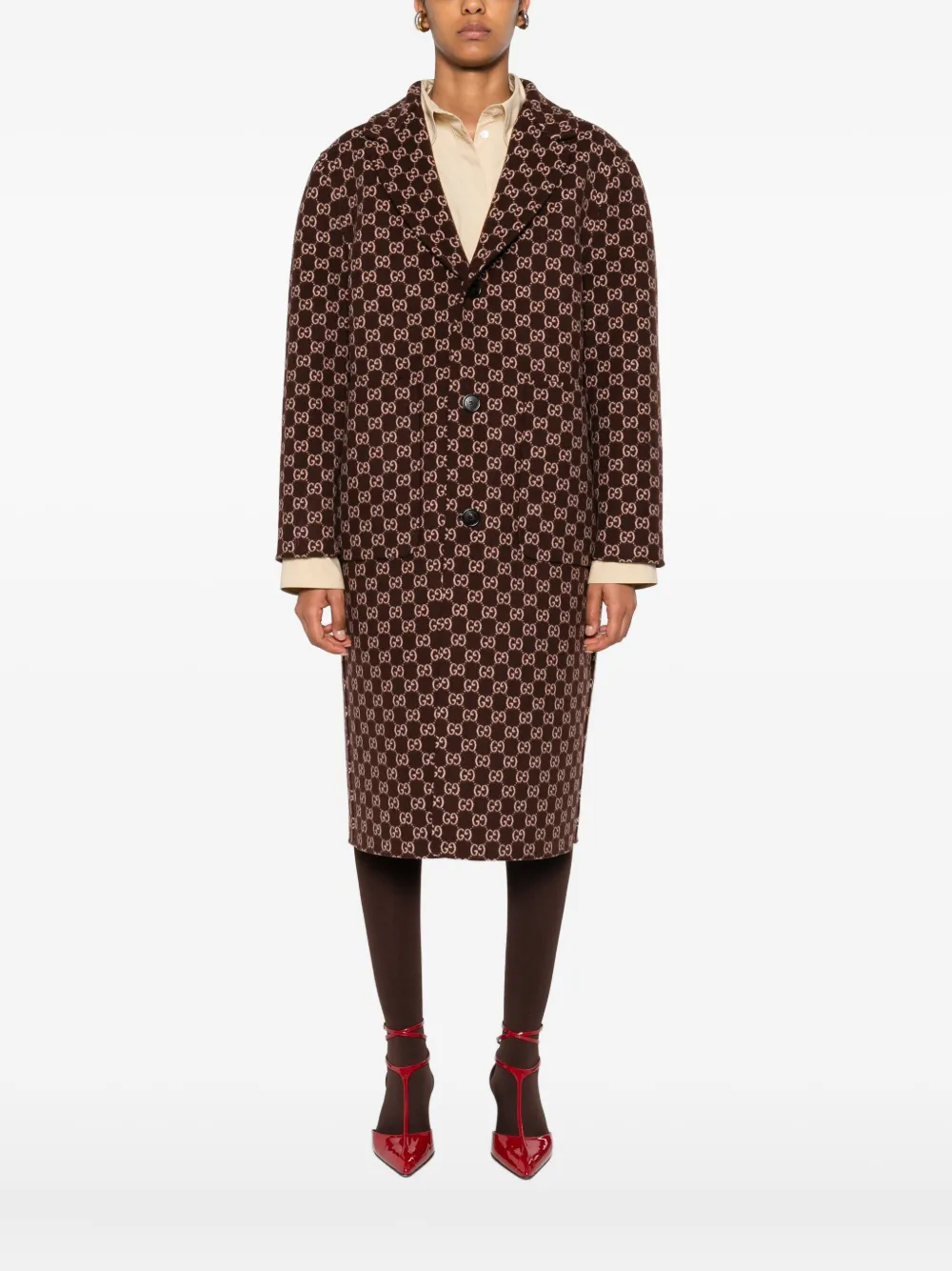Gucci Womens Brown Pink Monogram-pattern Notch-lapel Wool Coat In Brown