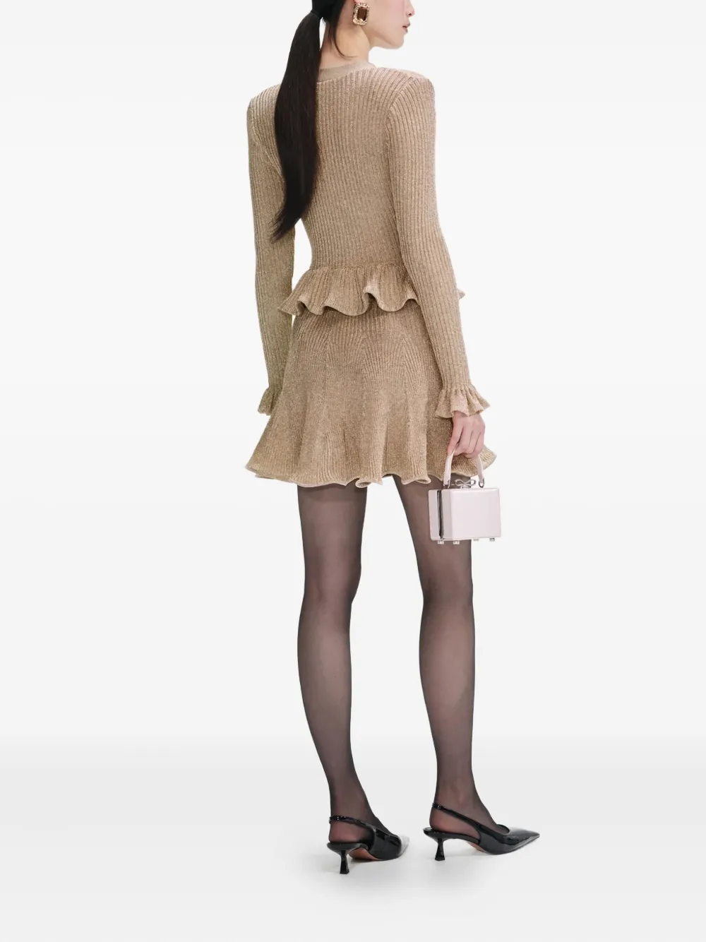 Self-Portrait Gebreide jurk met metallic-effect en ruches Beige