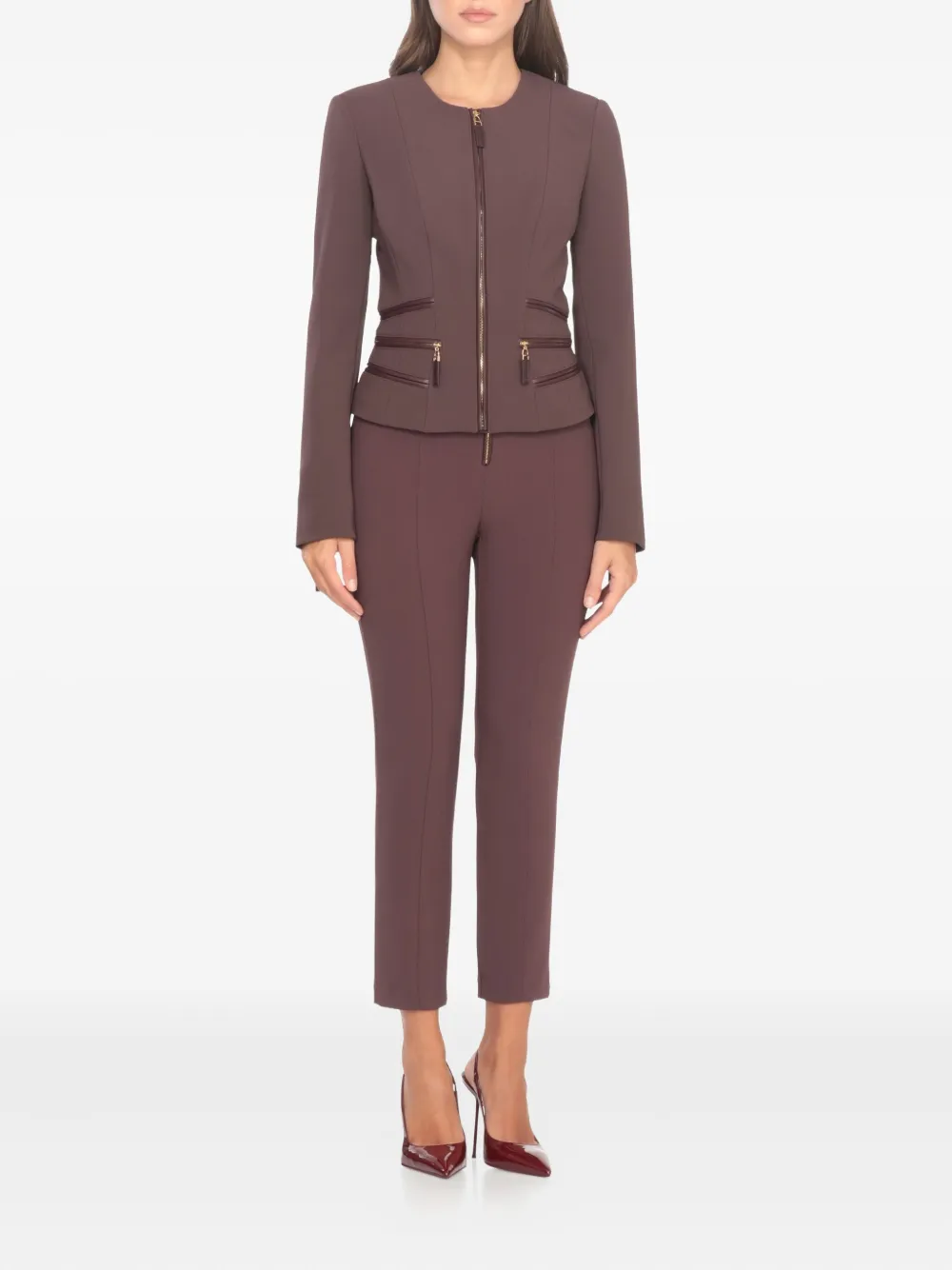 Elisabetta Franchi Structured Blazer With Front Zip And Long Sleeves In Brown