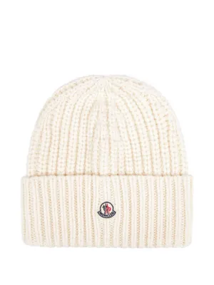 Moncler logo-patch Ribbed Beanie | White | FARFETCH