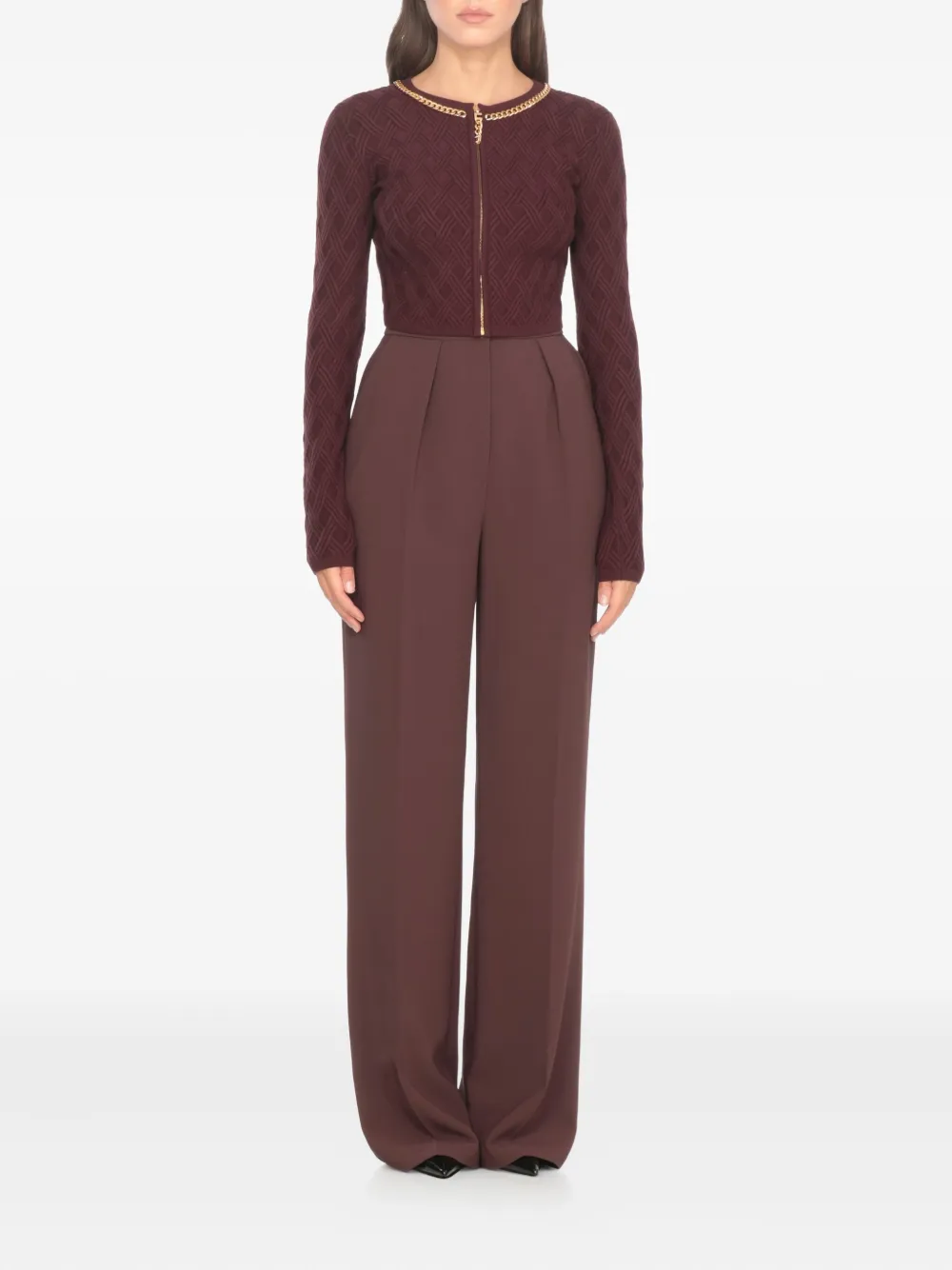 Elisabetta Franchi Bordeaux Textured Geometric Pattern Cardigan In Burgundy