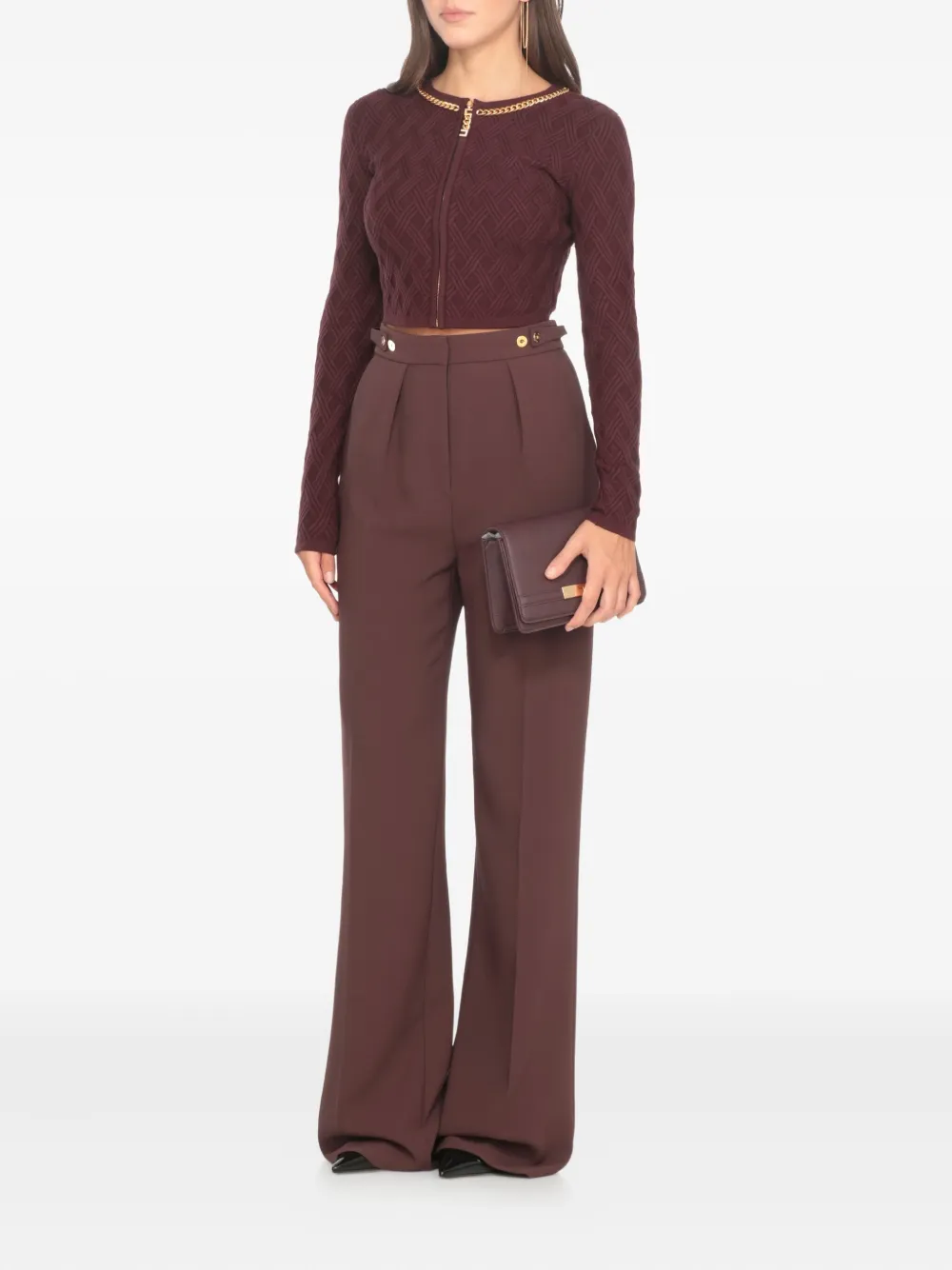 Elisabetta Franchi Bordeaux Textured Geometric Pattern Cardigan In Burgundy