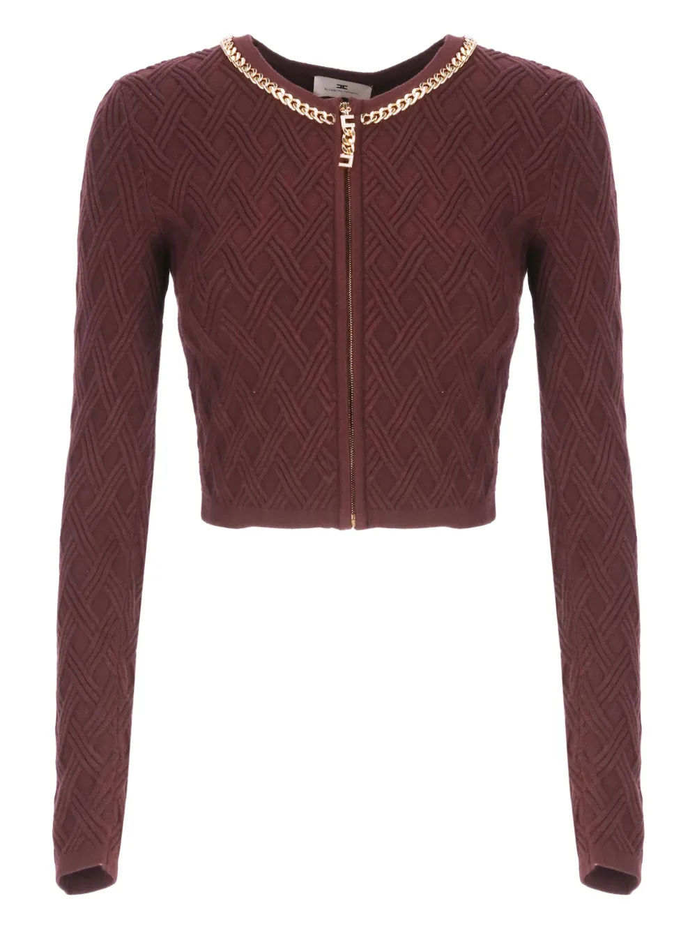 Elisabetta Franchi Bordeaux Textured Geometric Pattern Cardigan In Burgundy