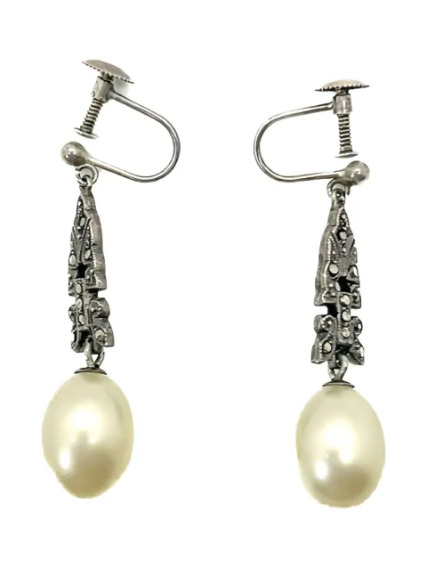 Jennifer Gibson Jewellery 1920s sterling silver marcasite pearl earrings