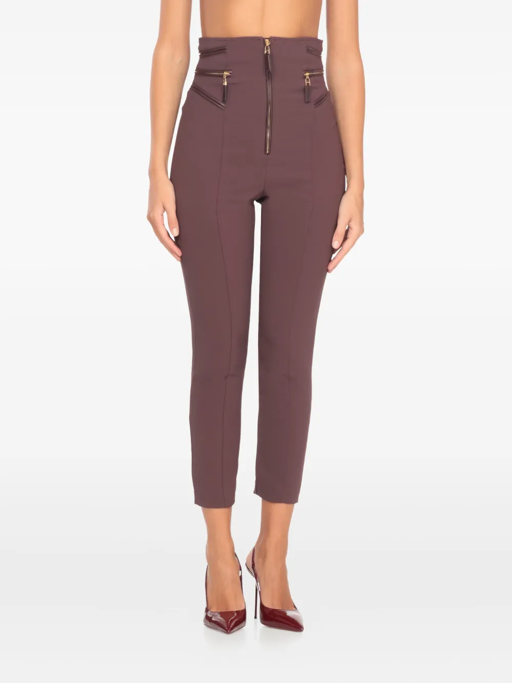 Elisabetta Franchi High Waist Cropped Trousers Pockets In Brown