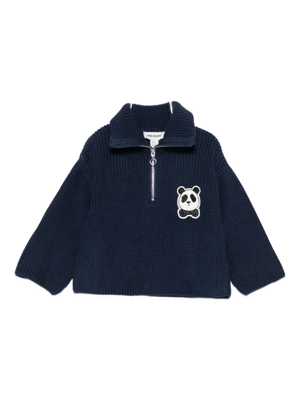 Mini Rodini Panda Cotton Half-zip Sweater In Blue