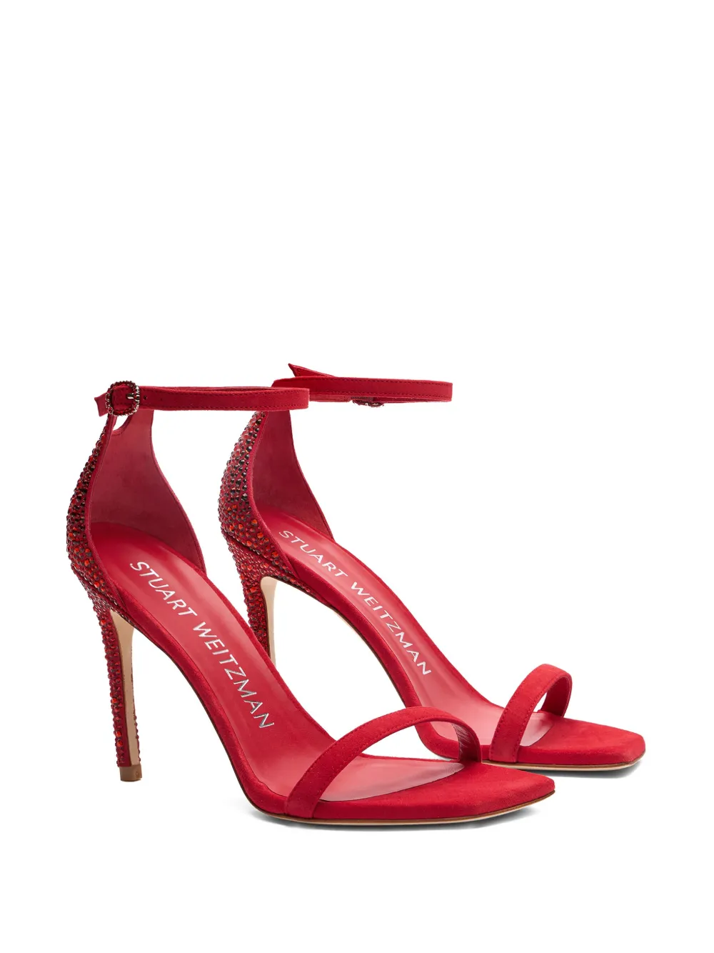 Stuart Weitzman 100mm Nudistcurve Royale Crystal-pearl-embellished Heeled Sandals In Red