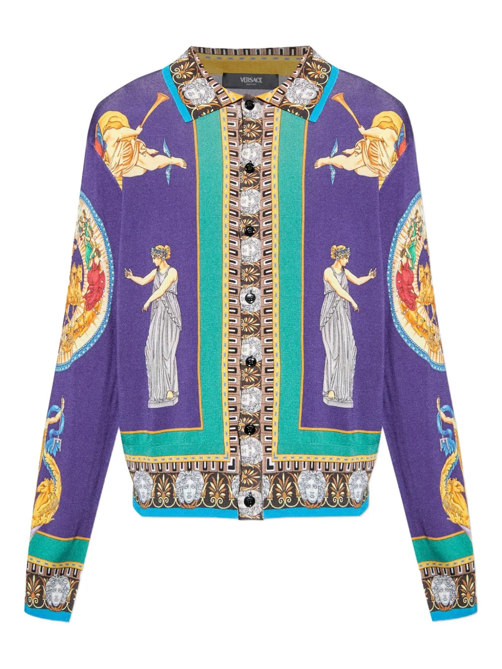 Versace Hall Of Statues Silk Cardigan In Purple
