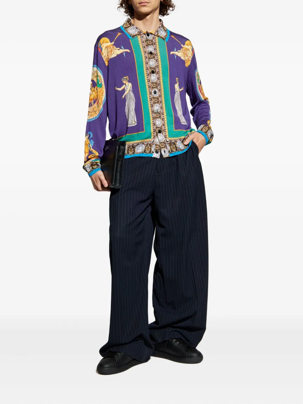 Versace Hall Of Statues Silk Cardigan In Purple