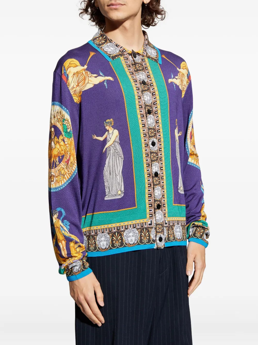 Versace Hall Of Statues Silk Cardigan In Purple